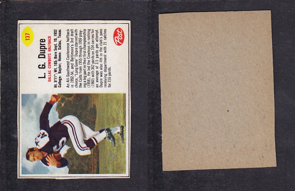1962 NFL POST FOOTBALL CARD #137 L. DUPRE photo 1962 NFL POST FOOTBALL CARD #137 L. DUPRE photo
