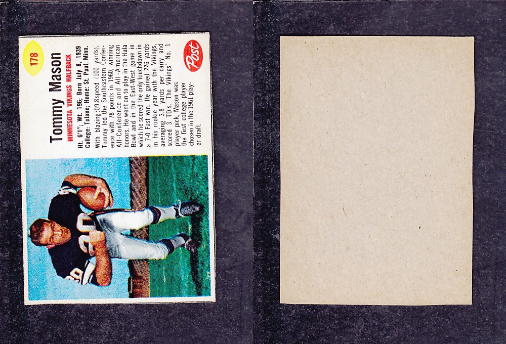 1962 NFL POST FOOTBALL CARD #178 T. MASON photo 1962 NFL POST FOOTBALL CARD #178 T. MASON photo