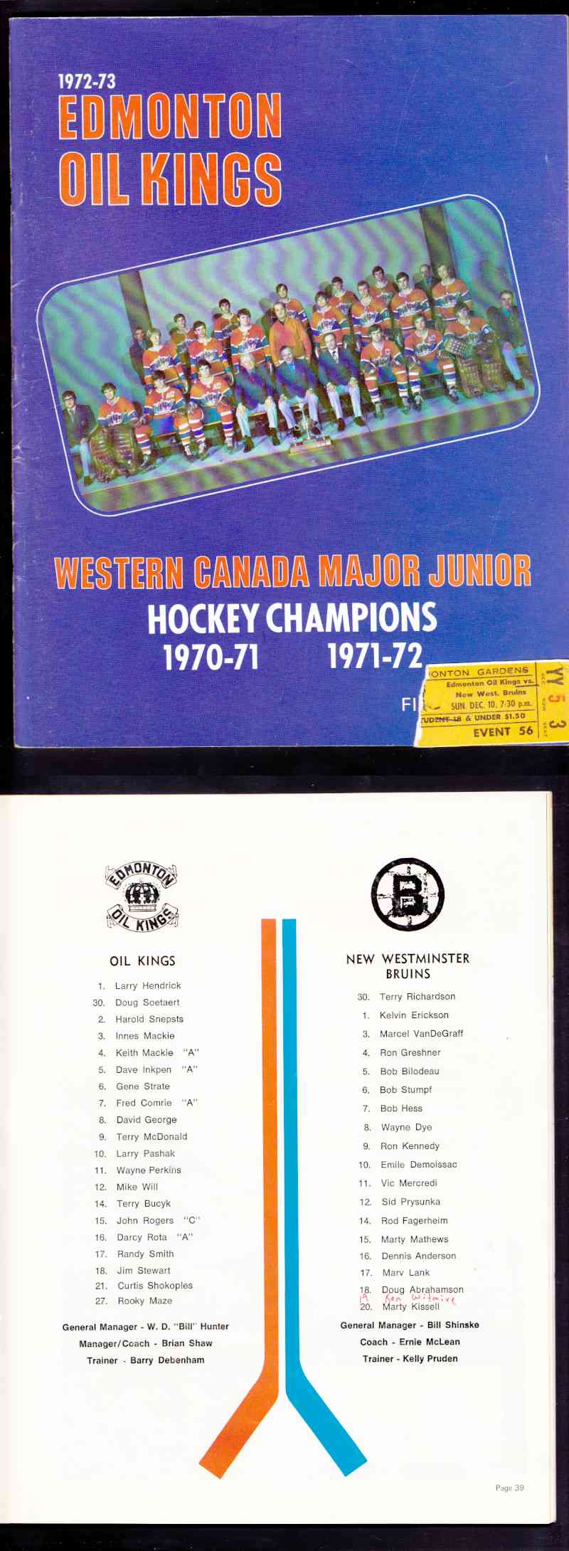 1972-73 EDMONTON OIL KING VS NEW WESTMINSTER BRUINS PROGRAM & TICKET STUB photo