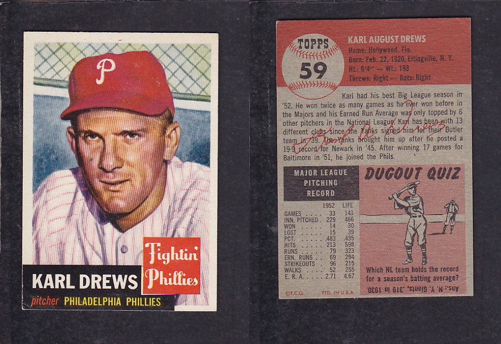1953 TOPPS BASEBALL CARD #59 K. DREWS photo 1953 TOPPS BASEBALL CARD #59 K. DREWS photo