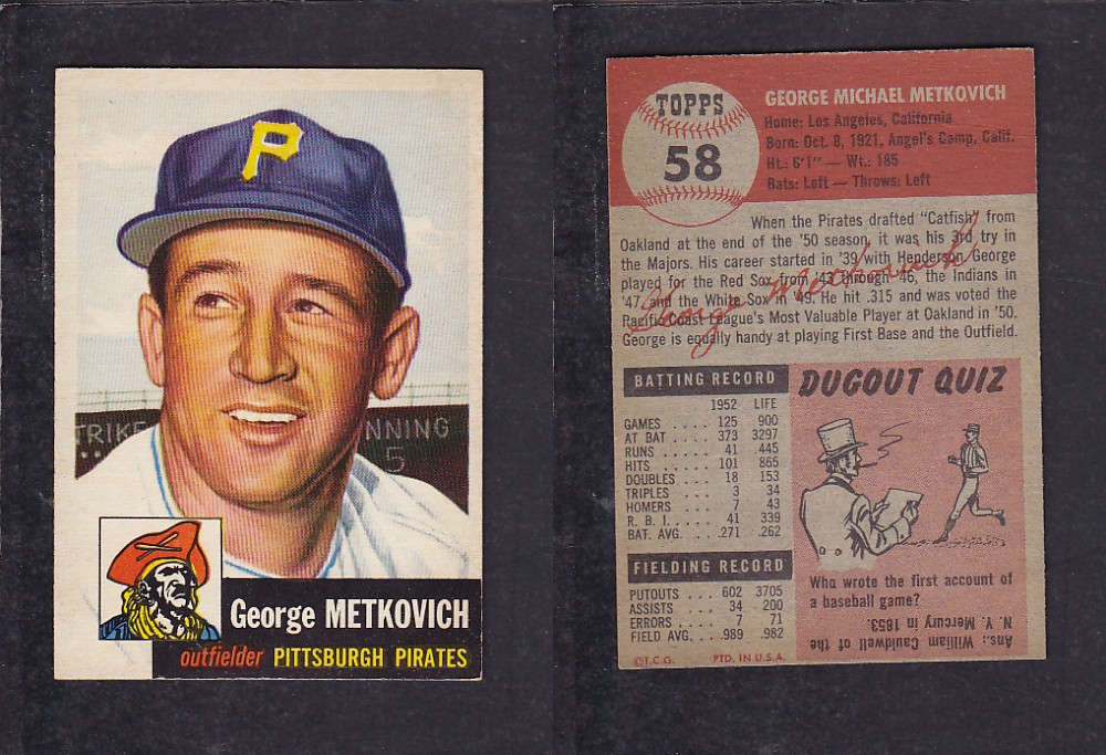 1953 TOPPS BASEBALL CARD #58 G. METKOVICH photo