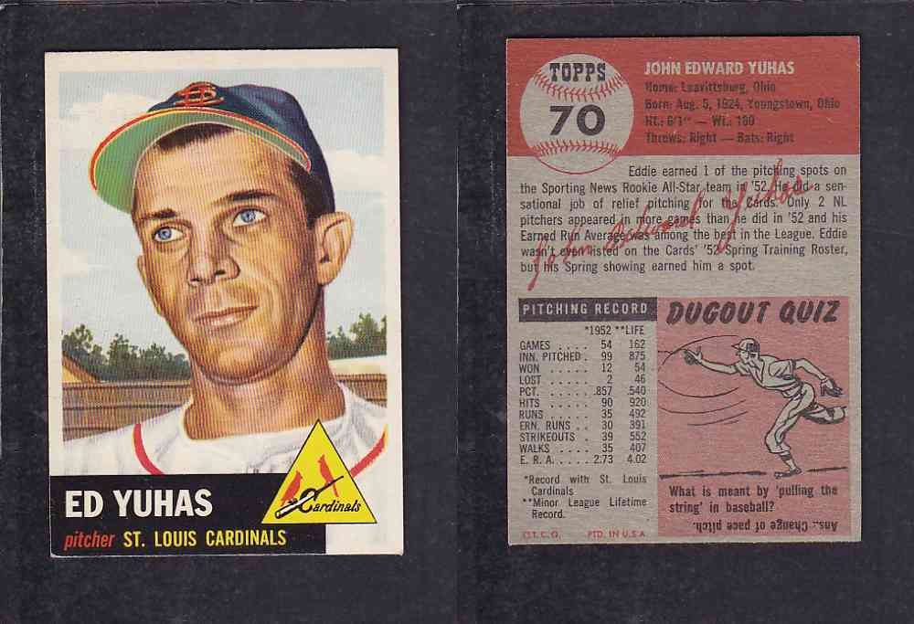 1953 TOPPS BASEBALL CARD #70 J. YUHAS photo 1953 TOPPS BASEBALL CARD #70 J. YUHAS photo