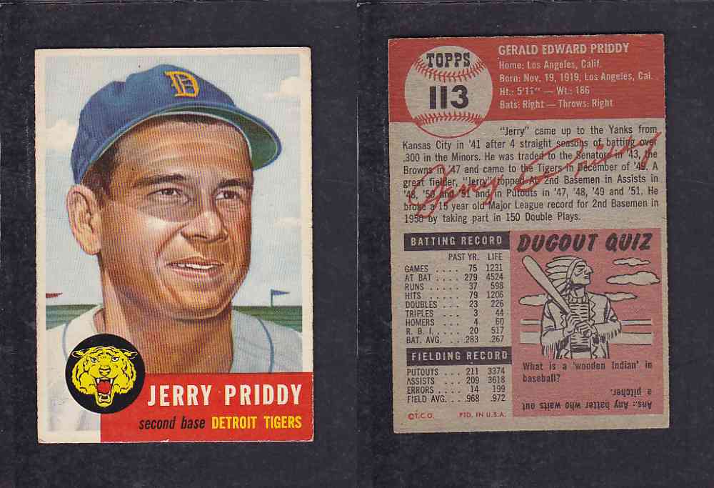 1953 TOPPS BASEBALL CARD #113 G. PRIDDY photo 1953 TOPPS BASEBALL CARD #113 G. PRIDDY photo