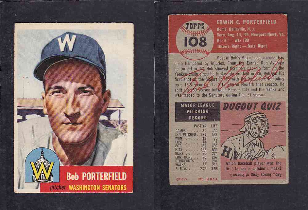 1953 TOPPS BASEBALL CARD #108 E. PORTERFIELD photo 1953 TOPPS BASEBALL CARD #108 E. PORTERFIELD photo