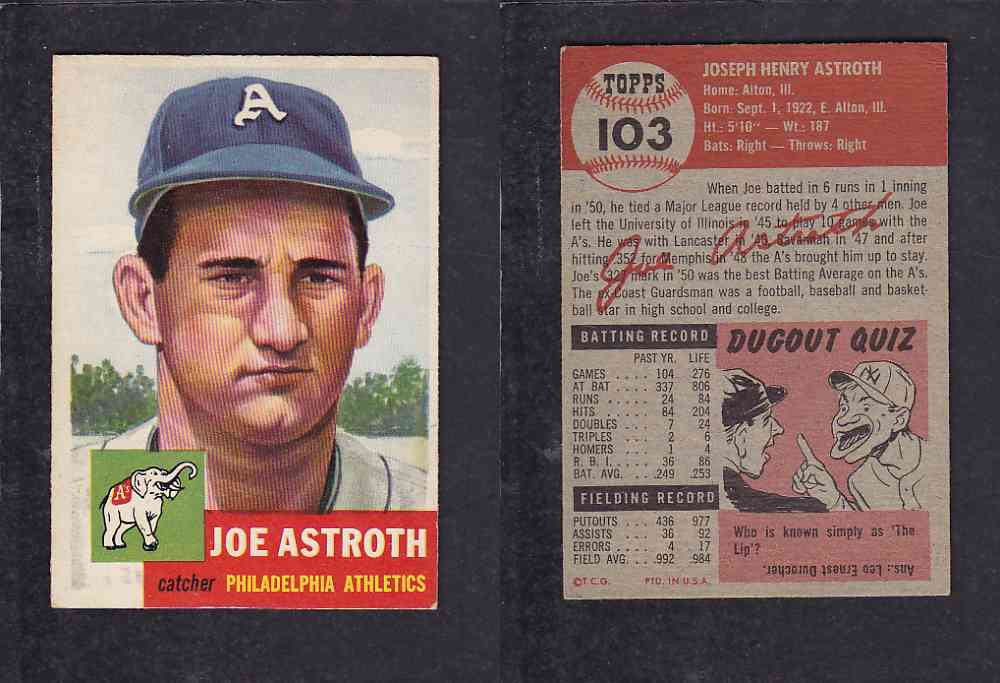 1953 TOPPS BASEBALL CARD #103 J. ASTROTH photo 1953 TOPPS BASEBALL CARD #103 J. ASTROTH photo