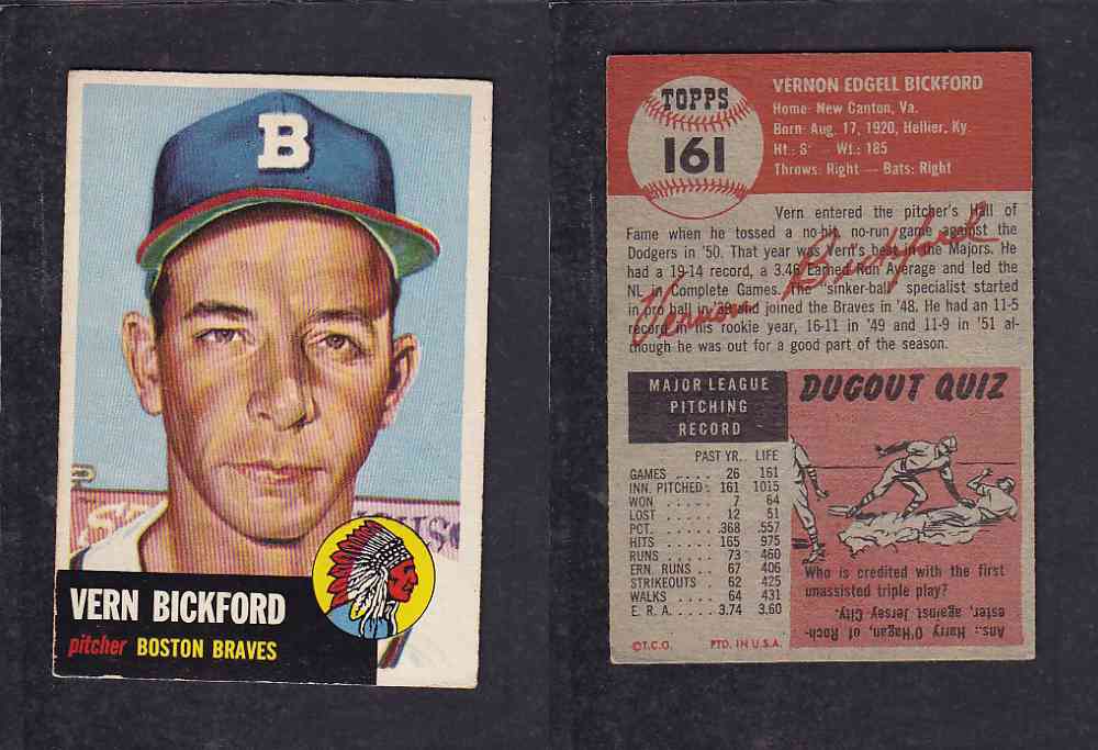 1953 TOPPS BASEBALL CARD #161 V. BICKFORD photo 1953 TOPPS BASEBALL CARD #161 V. BICKFORD photo