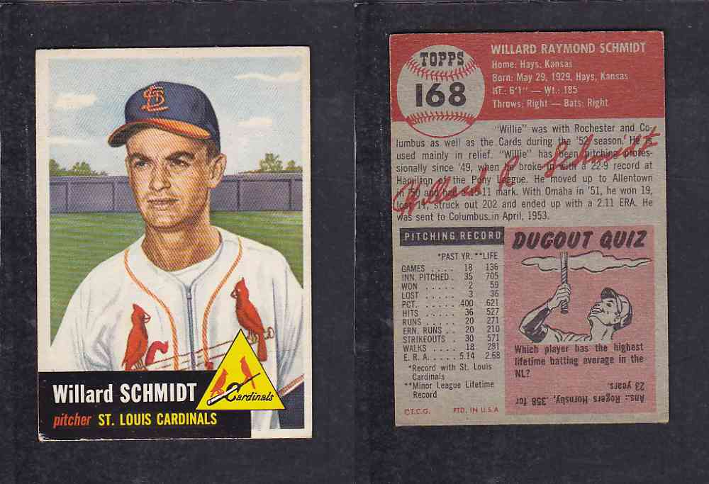 1953 TOPPS BASEBALL CARD #168 W. SCHMIDT photo 1953 TOPPS BASEBALL CARD #168 W. SCHMIDT photo