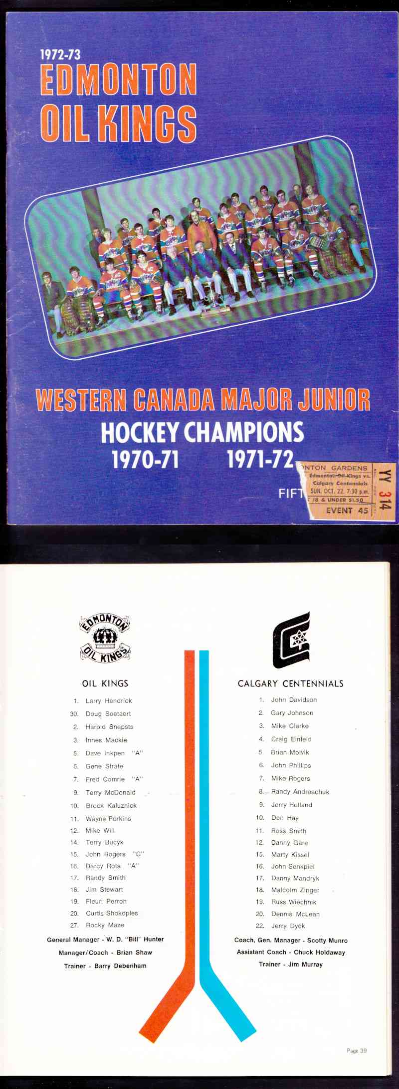 1972-73 EDMONTON OIL KINGS VS CALGARY CENTENNIALS PROGRAM & TICKET STUB photo 1972-73 EDMONTON OIL KINGS VS CALGARY CENTENNIALS PROGRAM & TICKET STUB photo