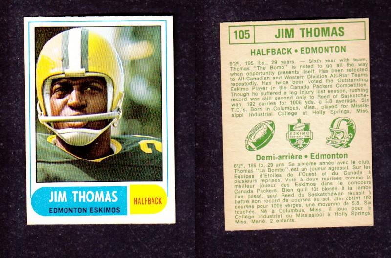 1968 CFL O-PEE-CHEE FOOTBALL CARD #105 J. THOMAS photo 1968 CFL O-PEE-CHEE FOOTBALL CARD #105 J. THOMAS photo