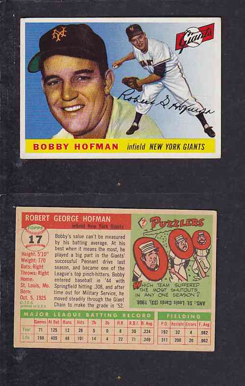 1955 TOPPS BASEBALL CARD #17 R. HOFMAN photo 1955 TOPPS BASEBALL CARD #17 R. HOFMAN photo