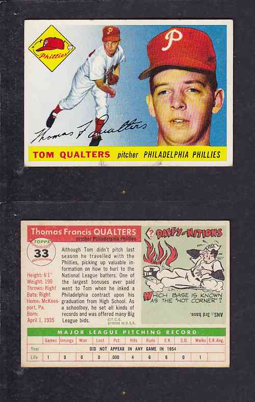 1955 TOPPS BASEBALL CARD #33 T. QUALTERS photo 1955 TOPPS BASEBALL CARD #33 T. QUALTERS photo