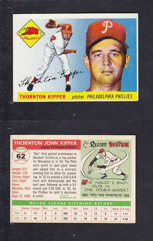 1955 TOPPS BASEBALL CARD #62 T. KIPPER photo 1955 TOPPS BASEBALL CARD #62 T. KIPPER photo