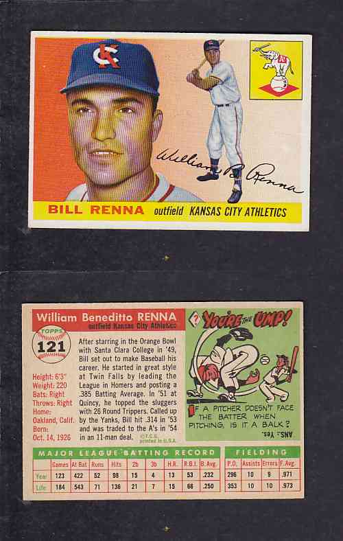 1955 TOPPS BASEBALL CARD #121 W. RENNA photo 1955 TOPPS BASEBALL CARD #121 W. RENNA photo