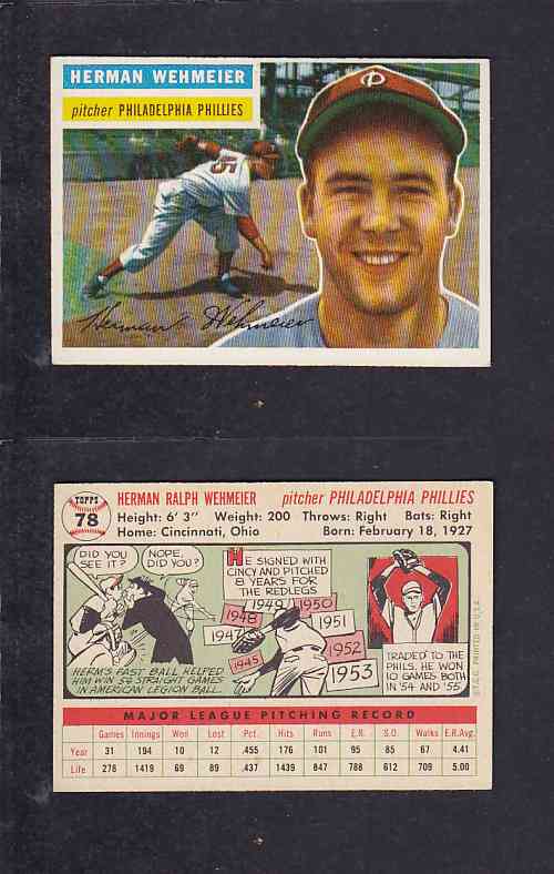 1956 TOPPS BASEBALL CARD #78 H. WEHMEIER photo 1956 TOPPS BASEBALL CARD #78 H. WEHMEIER photo