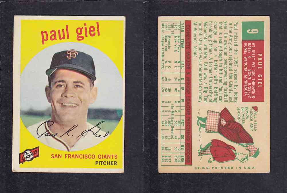 1959 TOPPS BASEBALL CARD#9 P. GIEL photo 1959 TOPPS BASEBALL CARD#9 P. GIEL photo