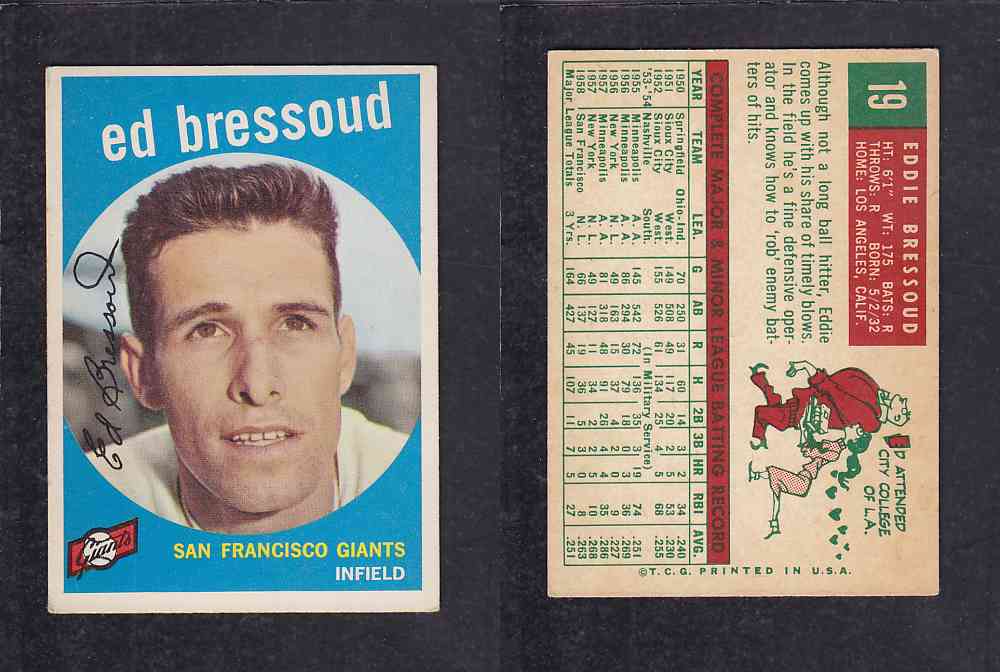 1959 TOPPS BASEBALL CARD#19   E.  BRESSOUND photo