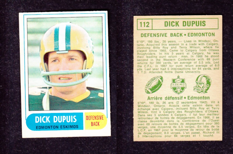 1968 CFL O-PEE-CHEE FOOTBALL CARD #112 D. DUPUIS photo