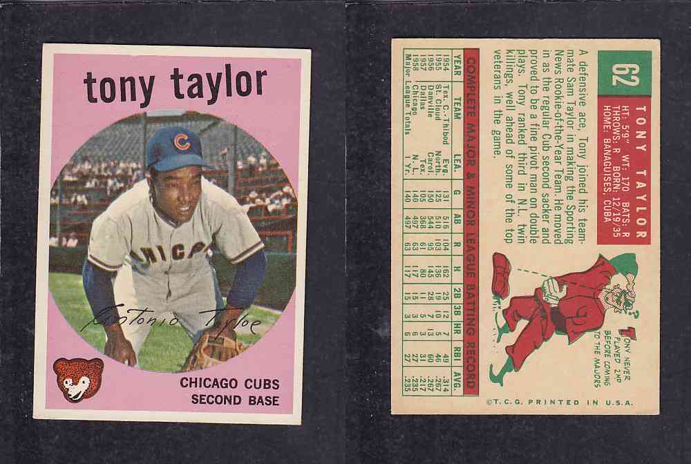 1959 TOPPS BASEBALL CARD #62 T. TAYLOR photo 1959 TOPPS BASEBALL CARD #62 T. TAYLOR photo