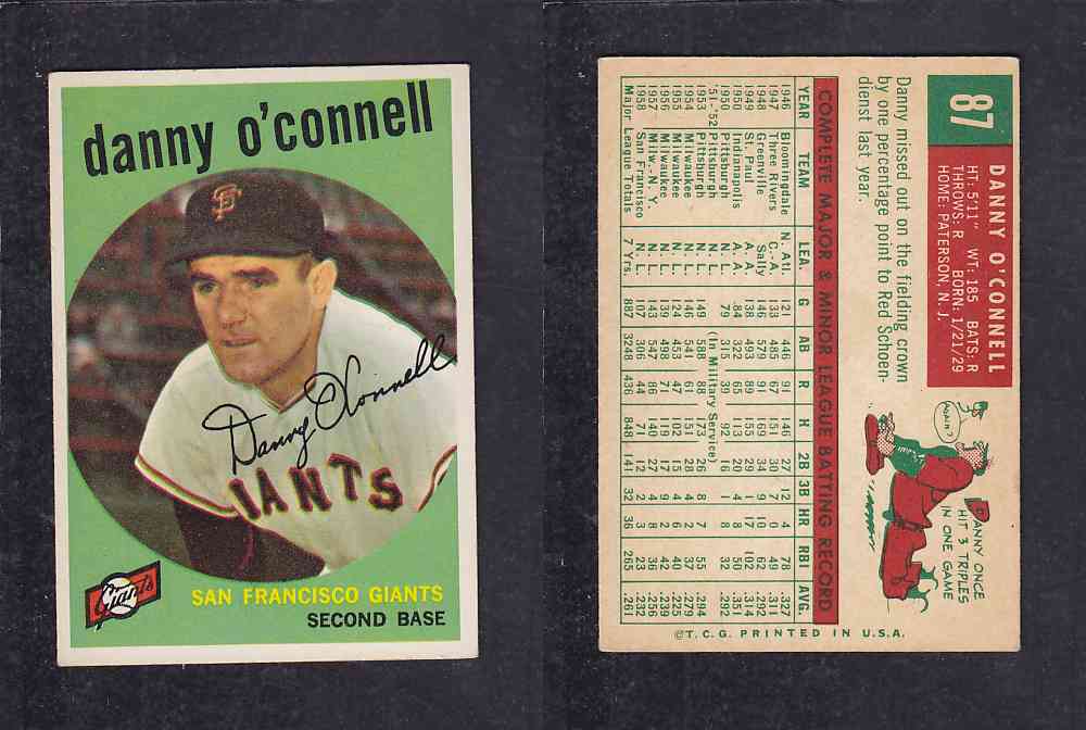 1959 TOPPS BASEBALL CARD #87 D. O'CONNELL photo 1959 TOPPS BASEBALL CARD #87 D. O'CONNELL photo
