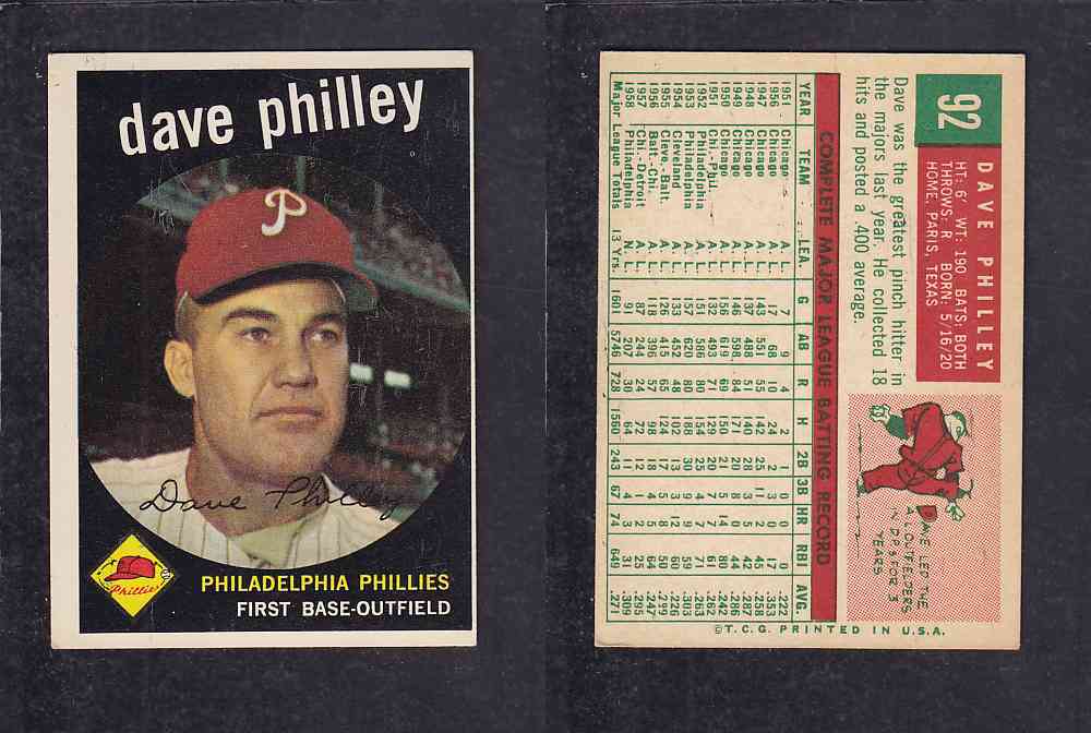 1959 TOPPS BASEBALL CARD #92 D. PHILLEY photo 1959 TOPPS BASEBALL CARD #92 D. PHILLEY photo