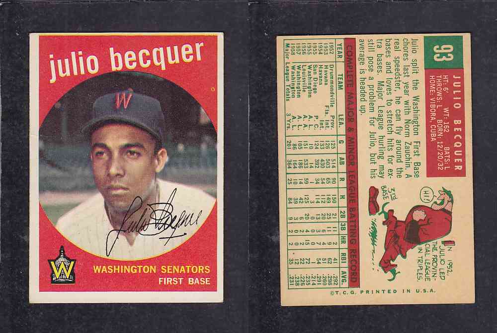 1959 TOPPS BASEBALL CARD #93 J. BECQUER photo 1959 TOPPS BASEBALL CARD #93 J. BECQUER photo