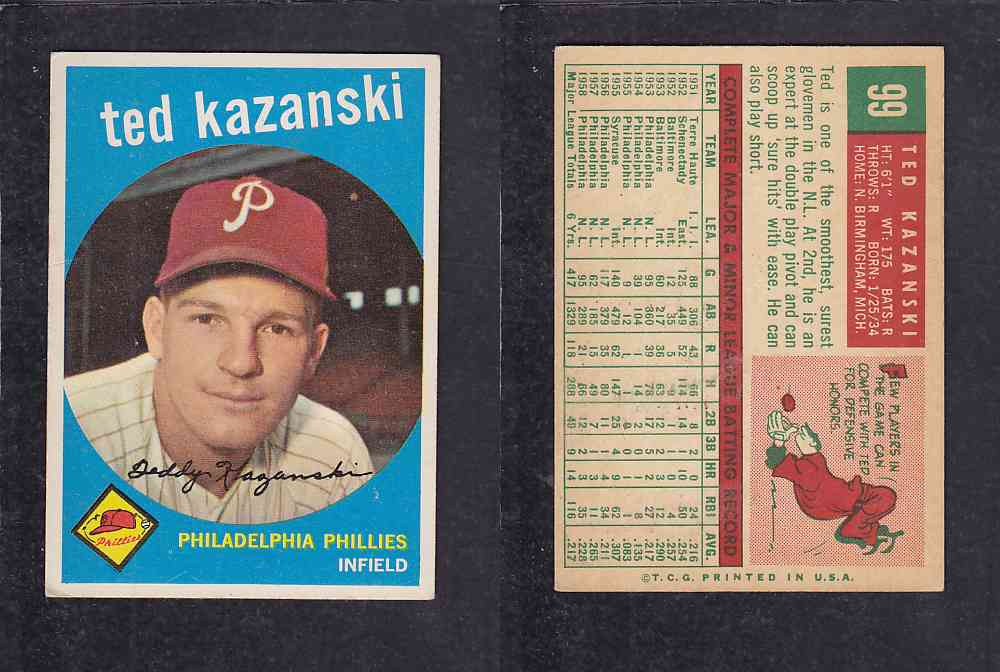 1959 TOPPS BASEBALL CARD #99 T. KAZANSKI photo 1959 TOPPS BASEBALL CARD #99 T. KAZANSKI photo