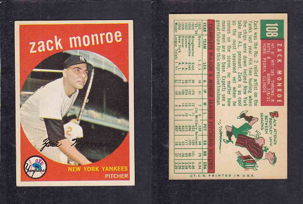 1959 TOPPS BASEBALL CARD #108 Z. MONROE photo 1959 TOPPS BASEBALL CARD #108 Z. MONROE photo