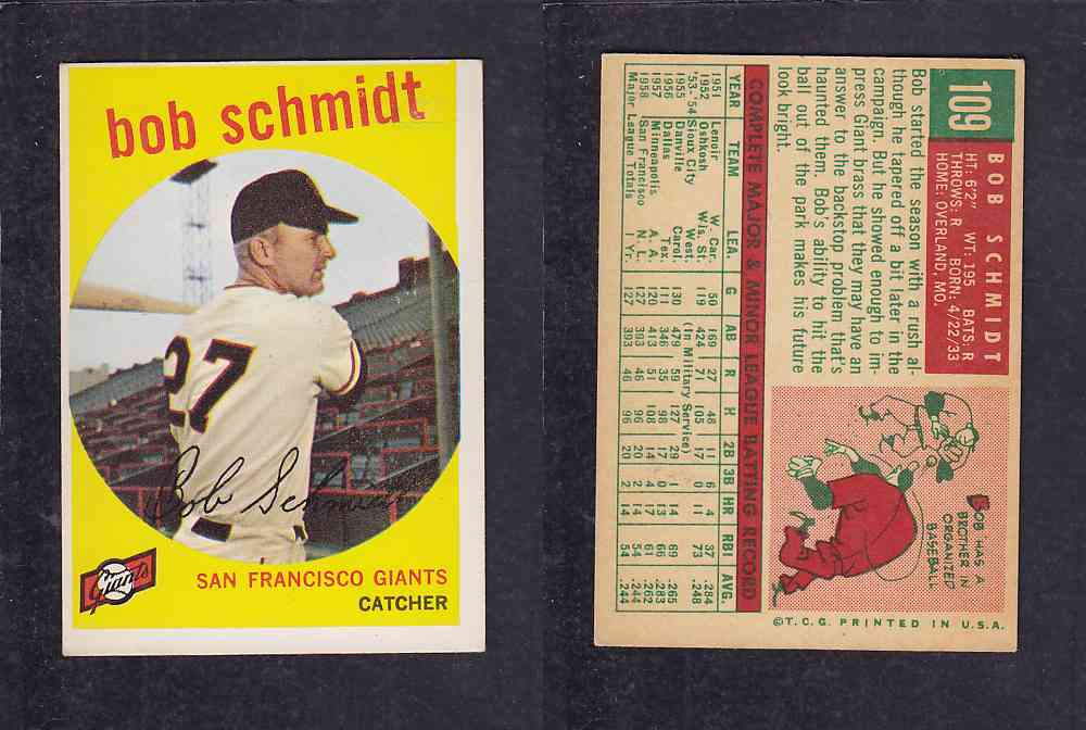 1959 TOPPS BASEBALL CARD #109 B. SCHMIDT photo 1959 TOPPS BASEBALL CARD #109 B. SCHMIDT photo