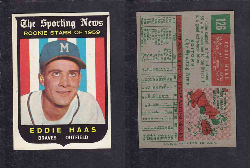 1959 TOPPS BASEBALL CARD #126 E. HAAS photo 1959 TOPPS BASEBALL CARD #126 E. HAAS photo