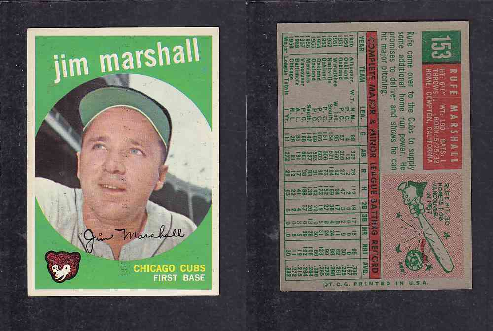 1959 TOPPS BASEBALL CARD #153 J.MARSHAL photo 1959 TOPPS BASEBALL CARD #153 J.MARSHAL photo