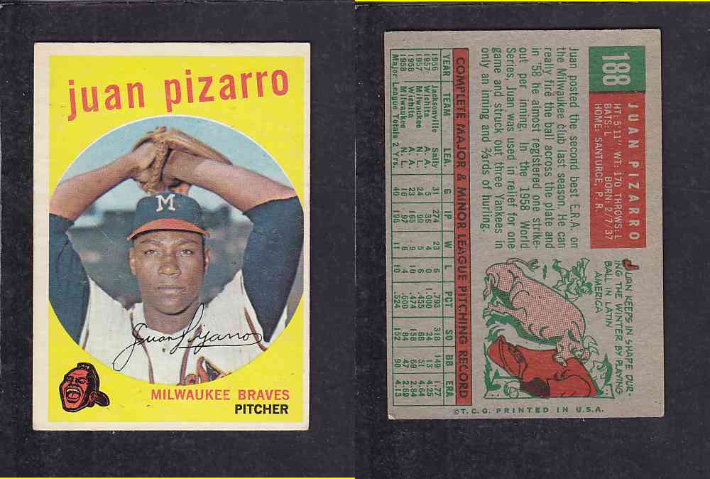 1959 TOPPS BASEBALL CARD #188 J. PIZARRO photo 1959 TOPPS BASEBALL CARD #188 J. PIZARRO photo