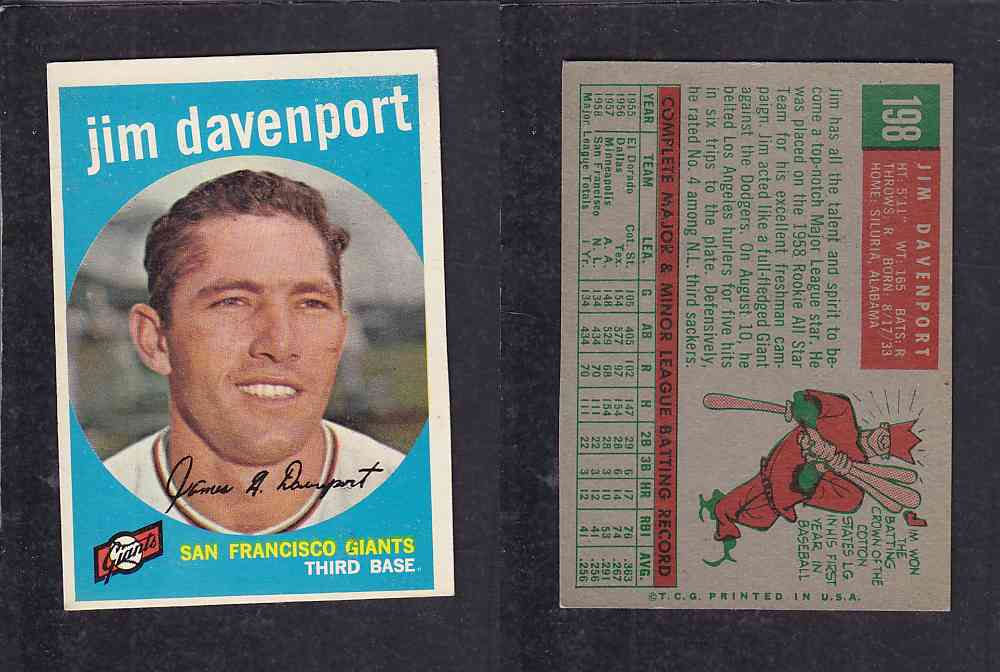 1959 TOPPS BASEBALL CARD #198 J. DAVENPORT photo 1959 TOPPS BASEBALL CARD #198 J. DAVENPORT photo