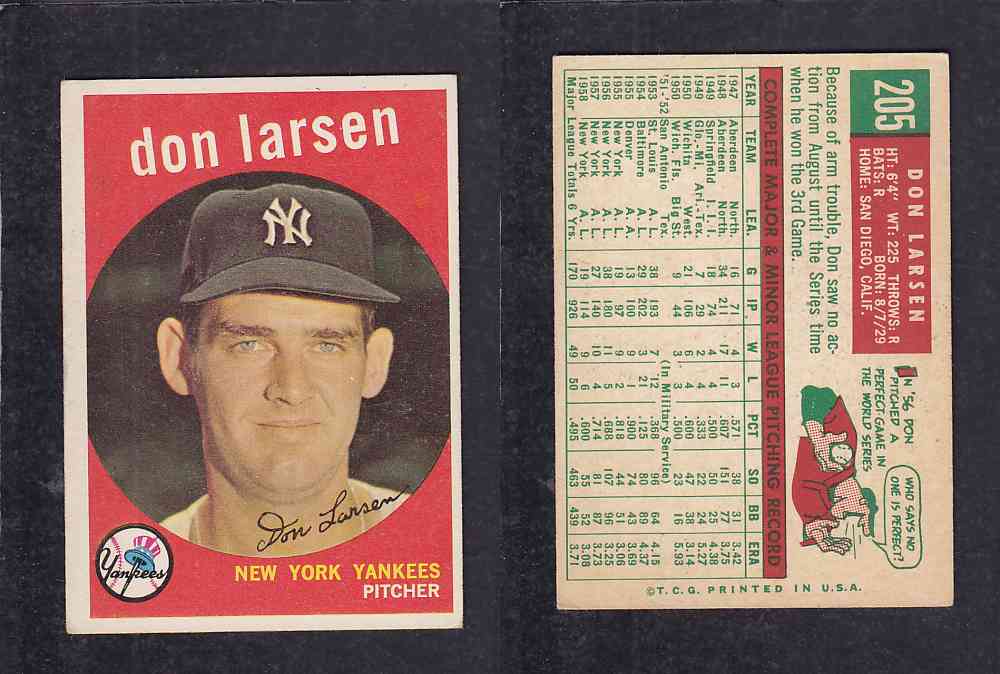 1959 TOPPS BASEBALL CARD #205 D. LARSEN photo 1959 TOPPS BASEBALL CARD #205 D. LARSEN photo