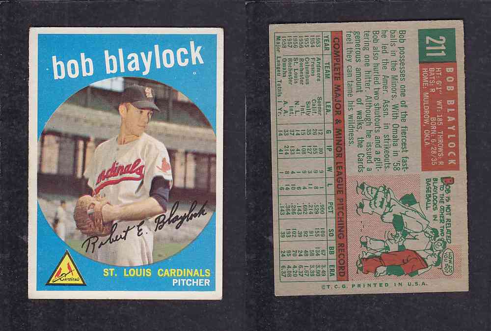 1959 TOPPS BASEBALL CARD #211 B. BLAYLOCK photo 1959 TOPPS BASEBALL CARD #211 B. BLAYLOCK photo