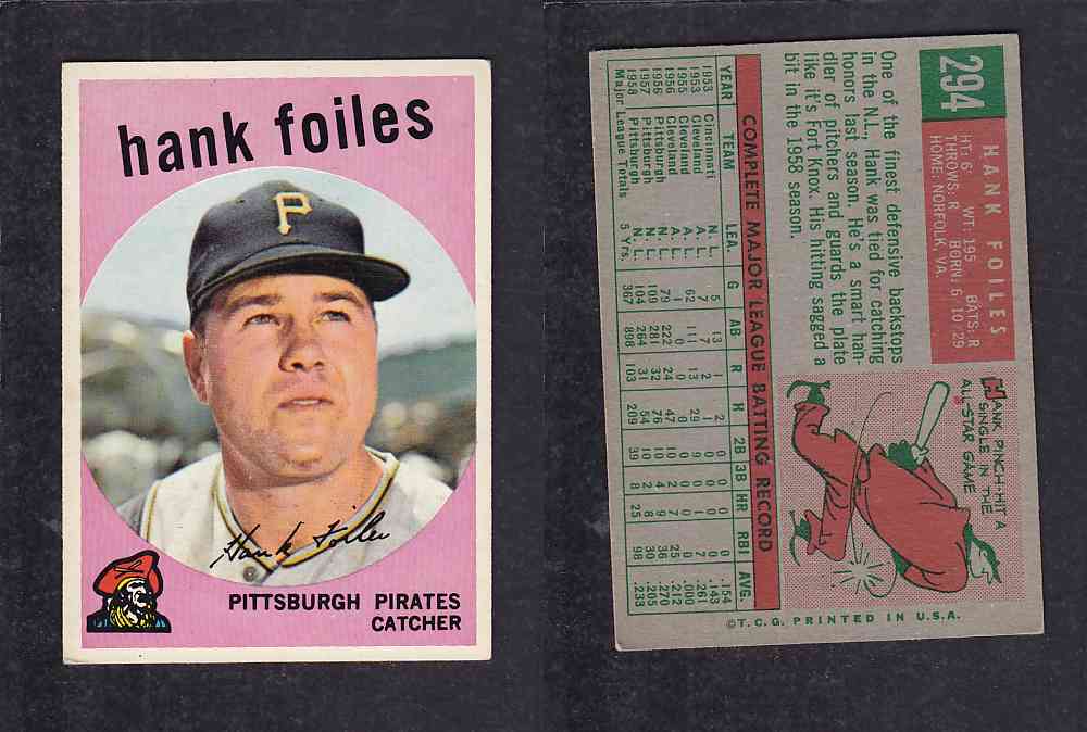 1959 TOPPS BASEBALL CARD #294 H. FOILES photo 1959 TOPPS BASEBALL CARD #294 H. FOILES photo