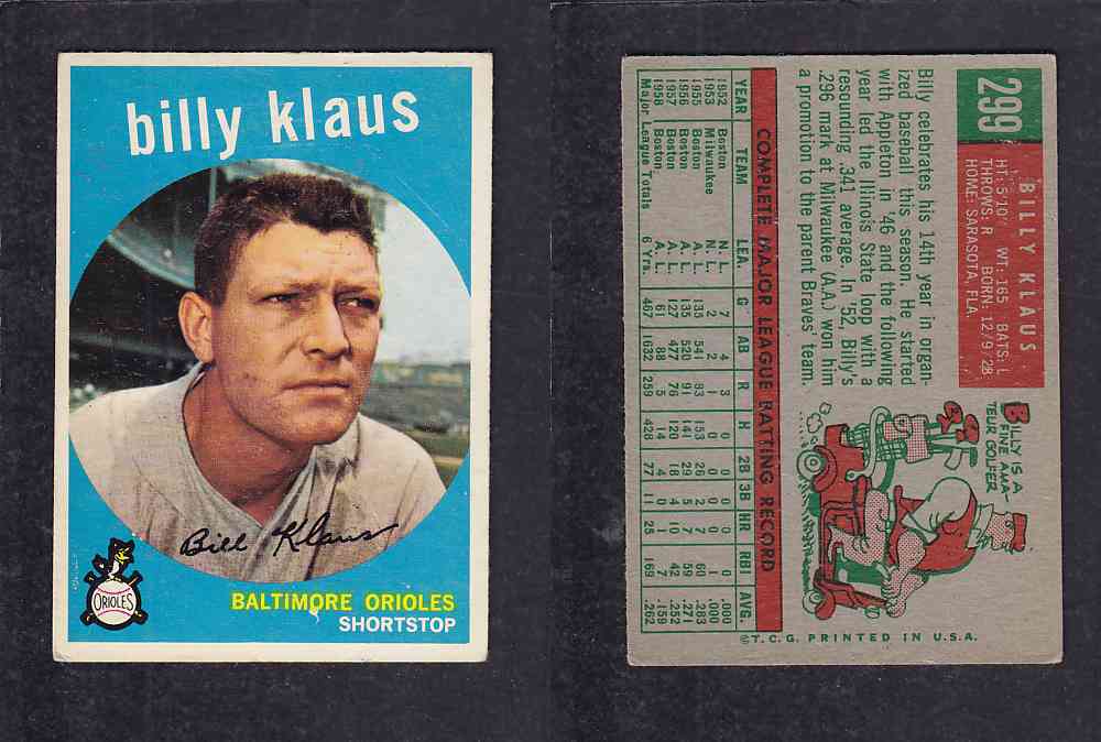 1959 TOPPS BASEBALL CARD #299 B. KLAUS photo 1959 TOPPS BASEBALL CARD #299 B. KLAUS photo