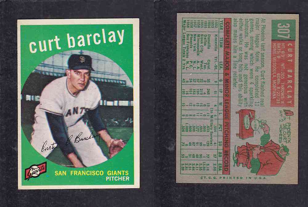 1959 TOPPS BASEBALL CARD #307  C. BARCLAY photo