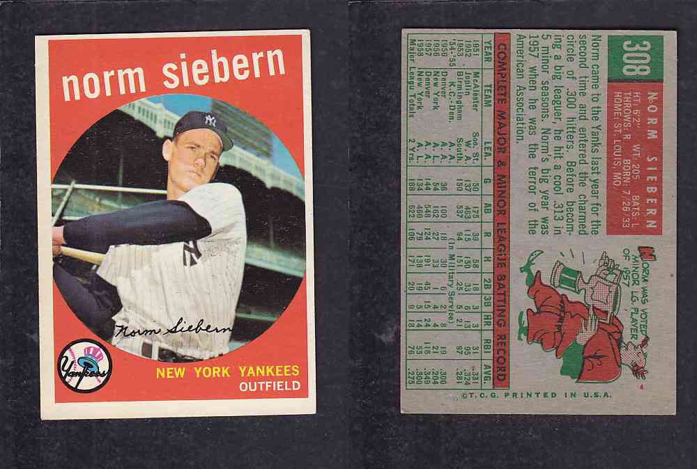 1959 TOPPS BASEBALL CARD #308 N. SIEBERN photo 1959 TOPPS BASEBALL CARD #308 N. SIEBERN photo