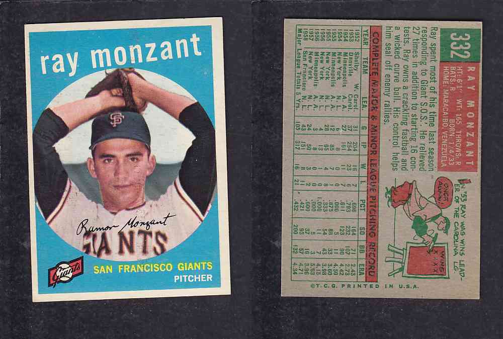1959 TOPPS BASEBALL CARD #332 R. MONZANT photo 1959 TOPPS BASEBALL CARD #332 R. MONZANT photo