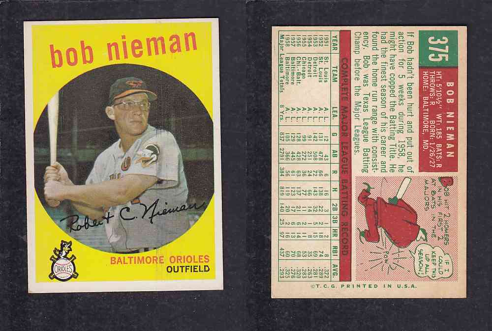 1959 TOPPS BASEBALL CARD #375 B. NIEMAN photo 1959 TOPPS BASEBALL CARD #375 B. NIEMAN photo