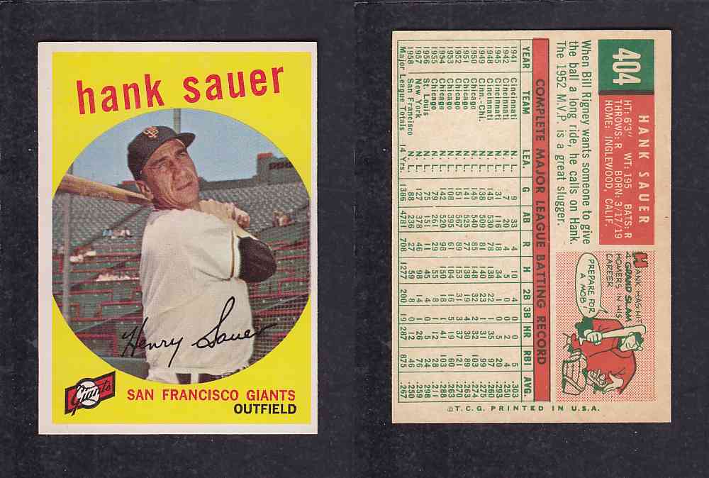 1959 TOPPS BASEBALL CARD #404 H. SAUER photo 1959 TOPPS BASEBALL CARD #404 H. SAUER photo
