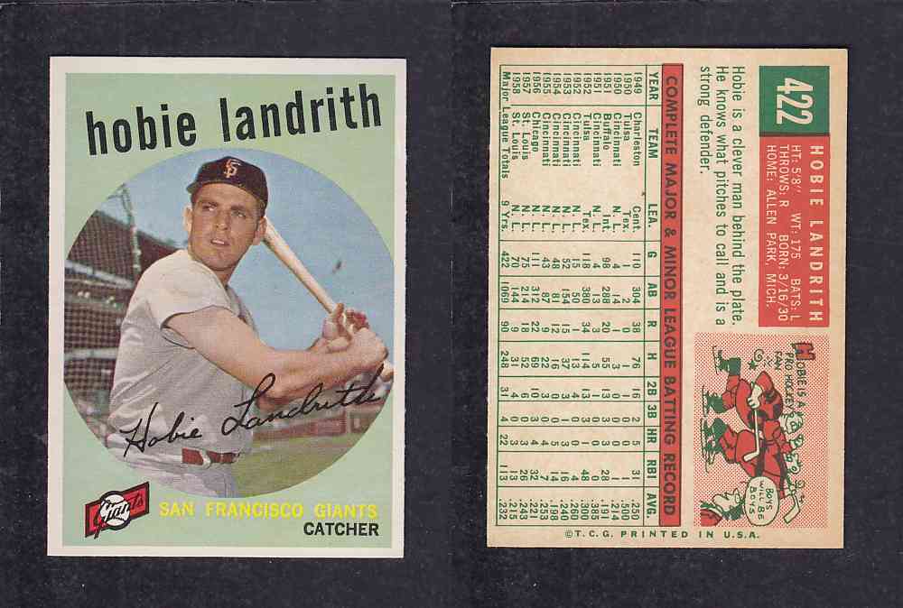 1959 TOPPS BASEBALL CARD #422 H. LANDRITH photo 1959 TOPPS BASEBALL CARD #422 H. LANDRITH photo