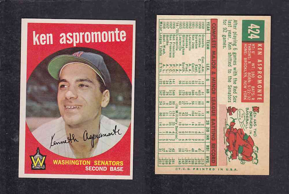 1959 TOPPS BASEBALL CARD #424 K. ASPROMONTE photo 1959 TOPPS BASEBALL CARD #424 K. ASPROMONTE photo