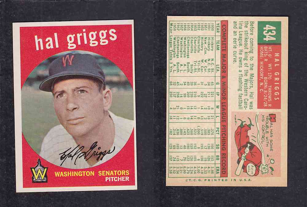 1959 TOPPS BASEBALL CARD #434 H.GRIGGS photo 1959 TOPPS BASEBALL CARD #434 H.GRIGGS photo
