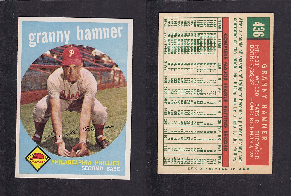1959 TOPPS BASEBALL CARD #436 G. HAMMER photo 1959 TOPPS BASEBALL CARD #436 G. HAMMER photo