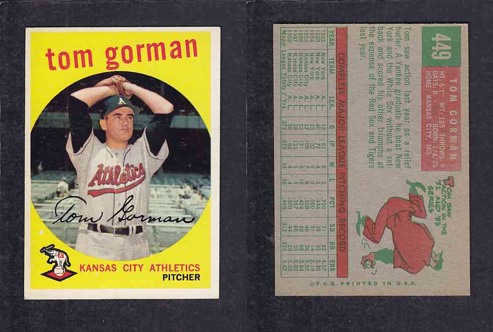 1959 TOPPS BASEBALL CARD #449 T. GORMAN photo 1959 TOPPS BASEBALL CARD #449 T. GORMAN photo