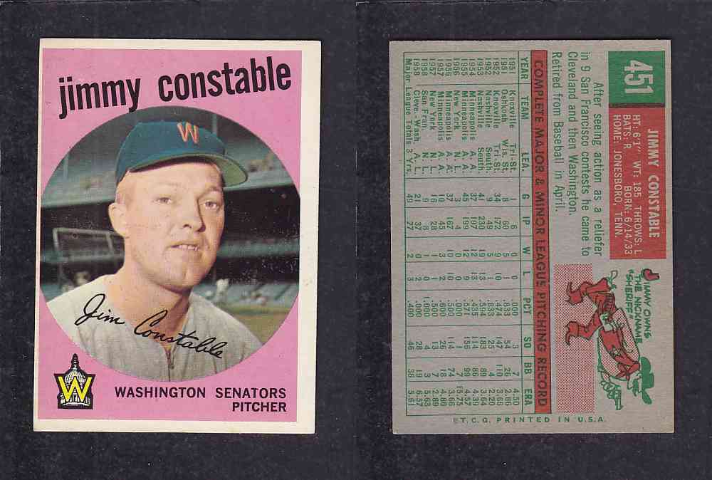 1959 TOPPS BASEBALL CARD #451 J. CONSTABLE photo 1959 TOPPS BASEBALL CARD #451 J. CONSTABLE photo