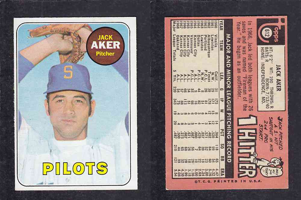 1969 TOPPS BASEBALL CARD #612 M. AKER photo 1969 TOPPS BASEBALL CARD #612 M. AKER photo