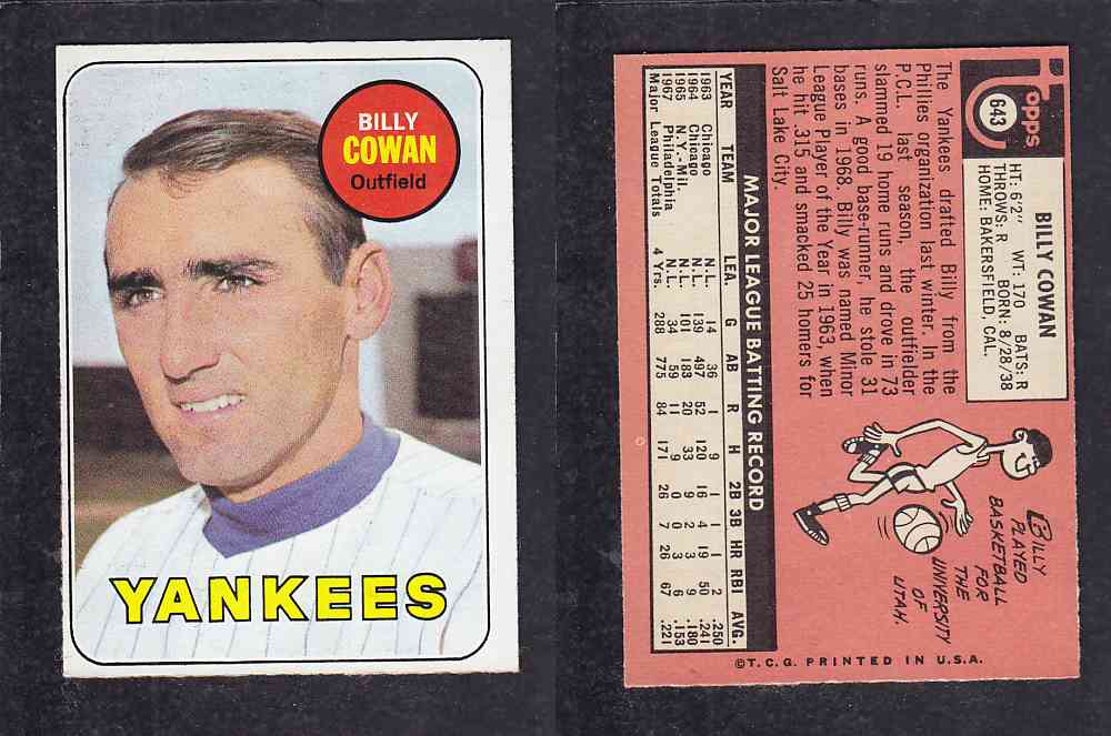 1969 TOPPS BASEBALL CARD #643 M. COWAN photo