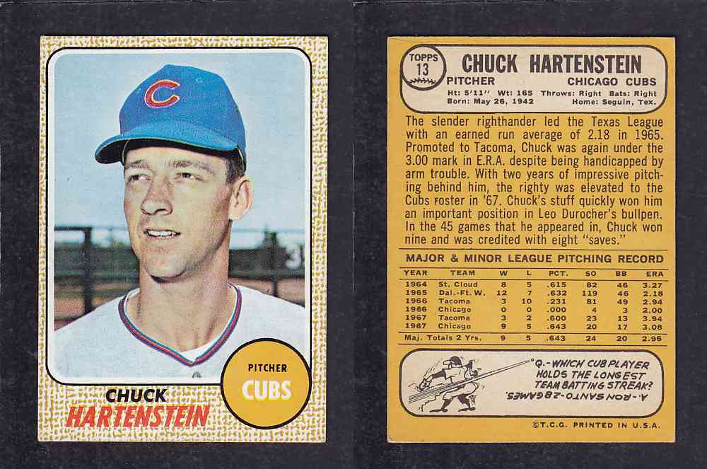 1968 TOPPS BASEBALL CARD #13 C. HARTENTEIN photo 1968 TOPPS BASEBALL CARD #13 C. HARTENTEIN photo